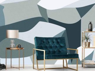 Abstract Landscape Wallpaper, as seen on the wall of this sitting room, features geometric mountains in white, grey, blue and green from About Murals.