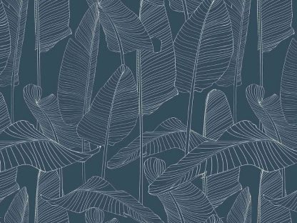 Blue Leaf Wallpaper features silhouettes of tall banana leaves full of texture from their veins from from About Murals.