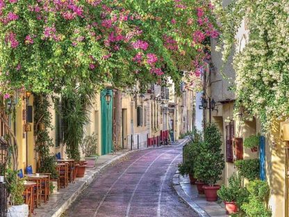 Bougainvillea Wallpaper is a photo mural of an alley in Athens near the Acropolis in Greece from About Murals.