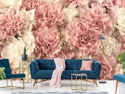 Carnation Wallpaper, as seen on the wall of this living room, is a floral mural with large pink and white flowers from About Murals.