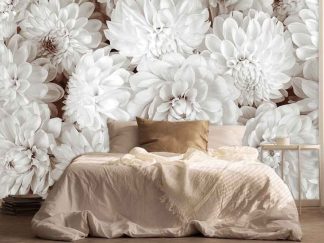 Dahlia Wallpaper, as seen on the wall of this beige bedroom, is a floral mural with large white and brown dahlia flowers from About Murals.