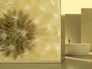 Dandelion Clock Wallpaper, as seen on the wall of this bathroom, is a photo mural of a round, brown dandelion and its seeds from About Murals.
