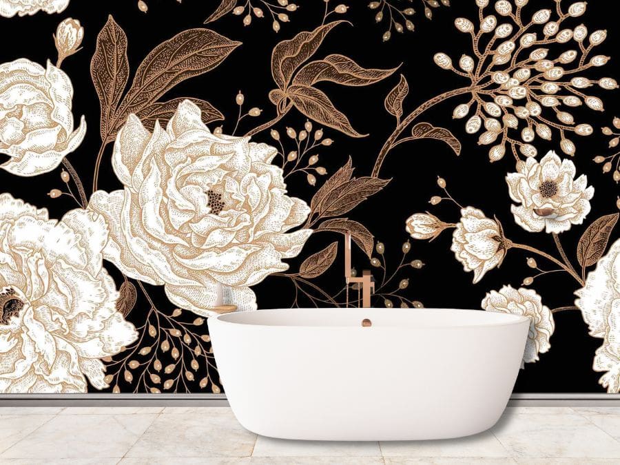 Dark Peony Wallpaper, as seen on the wall of this bathroom, is a floral mural of brown and white flowers on a black background from About Murals.