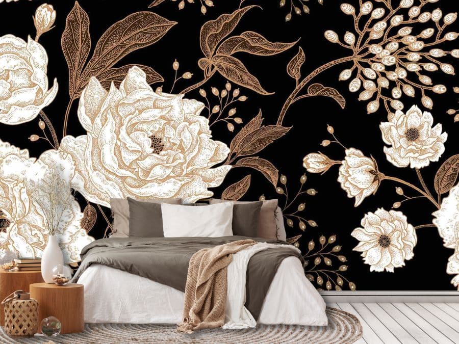 Dark Peony Wallpaper, as seen on the wall of this bedroom, is a floral wall mural with large vintage peonies on a black background from About Murals.