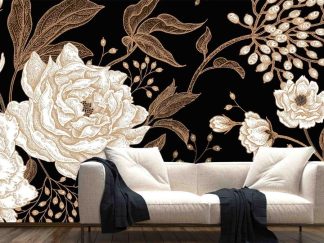 Dark Peony Wallpaper, as seen on the wall of this living room, features beige peonies in a stippled effect with brown leaves, berries and foliage from About Murals.