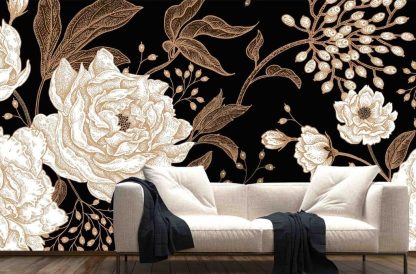 Dark Peony Wallpaper, as seen on the wall of this living room, features beige peonies in a stippled effect with brown leaves, berries and foliage from About Murals.