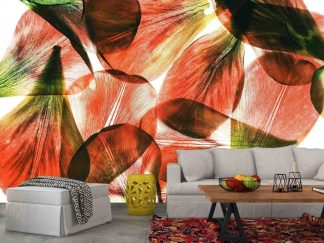 Flower Petal Wallpaper, as seen on the wall of this living room, features red and green tulip petals backlit from a photo light box from About Murals.