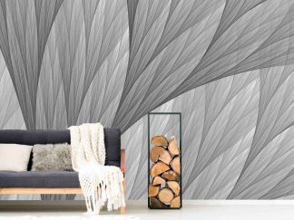 Geometric Leaf Wallpaper, as seen on the wall of this living room, features a repeating pattern of simple grey leaves from About Murals.