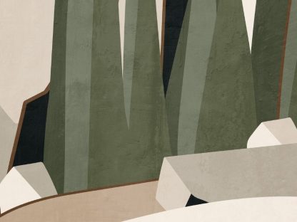 Green Abstract Wallpaper features geometric pine trees on a beige background from About Murals.