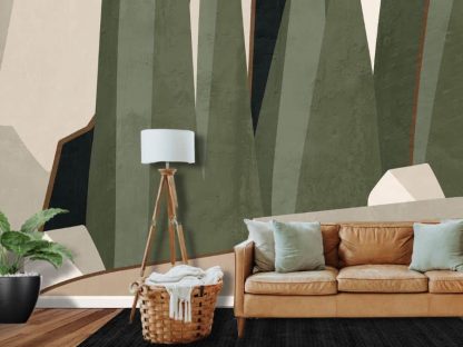 Green Abstract Wallpaper, as seen on the wall of this earthy living room, is a mural with dark green abstract shapes on a beige background from About Murals.