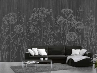 Grey Cow Parsley Wallpaper, as seen on the wall of this living room, features grey wildflowers against a dark backdrop from About Murals.
