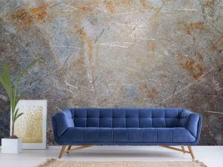 Industrial Metal Wallpaper, as seen on the wall of this living room, features brushed metal with scratches and rust from About Murals.