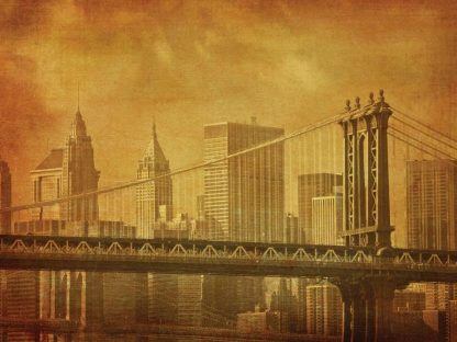 New York Vintage Wallpaper is a brown photo mural of the Brooklyn Bridge and buildings in NYC from About Murals.