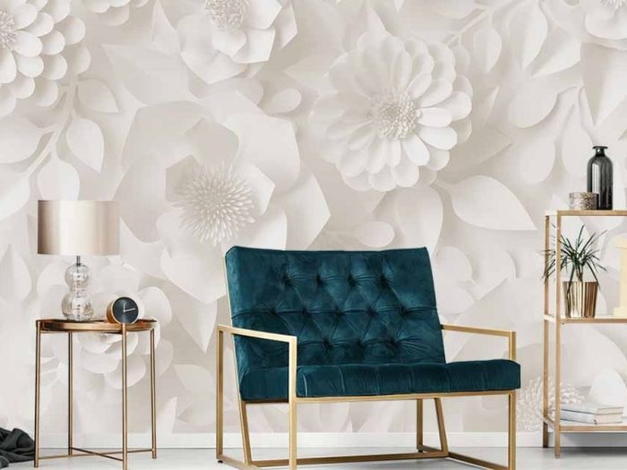 Origami Flower Wallpaper, as seen on the wall of this living room, is a floral mural with large paper flowers in ivory from About Murals.