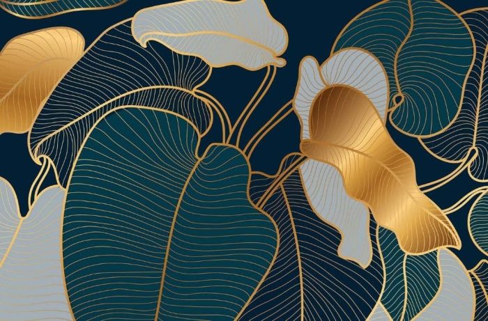 Philodendron Wallpaper is a tropical mural with blue and gold philodendron foliage leaves from About Murals.