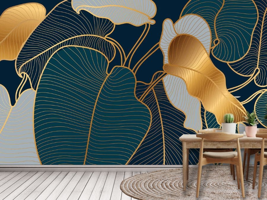 Philodendron Wallpaper, as seen on the wall of this kitchen, is a wall mural with large, variegated tropical leaves in gold and blue from About Murals.