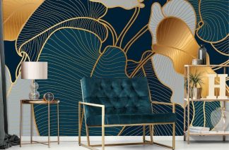Philodendron Wallpaper, as seen on the wall of this living room, features gold and blue tropical leaves from About Murals.