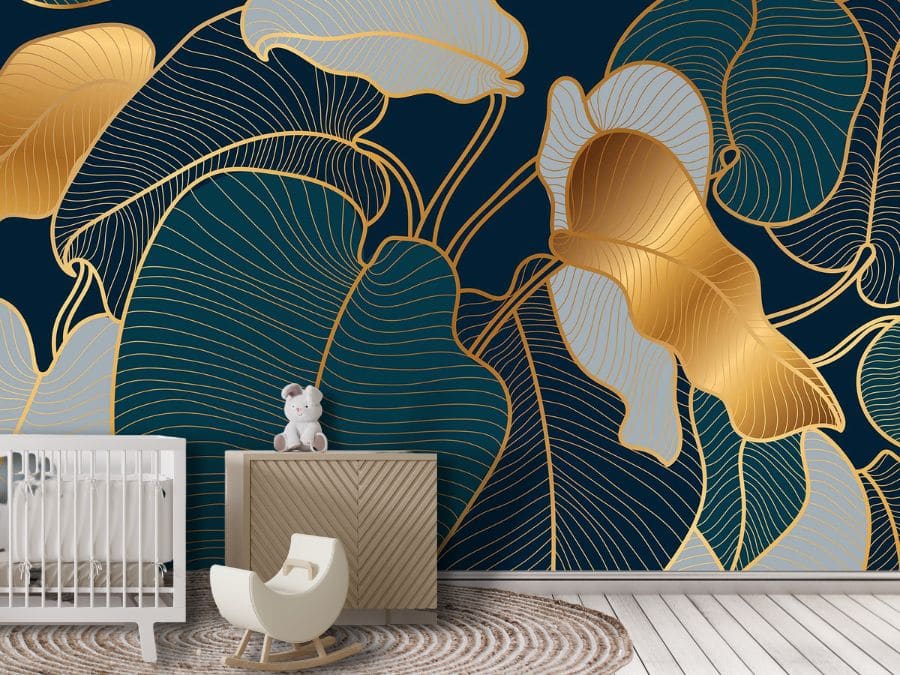 Philodendron Wallpaper, as used on the wall of this nursery, is a wall mural with large tropical leaves in turquoise and gold from About Murals.