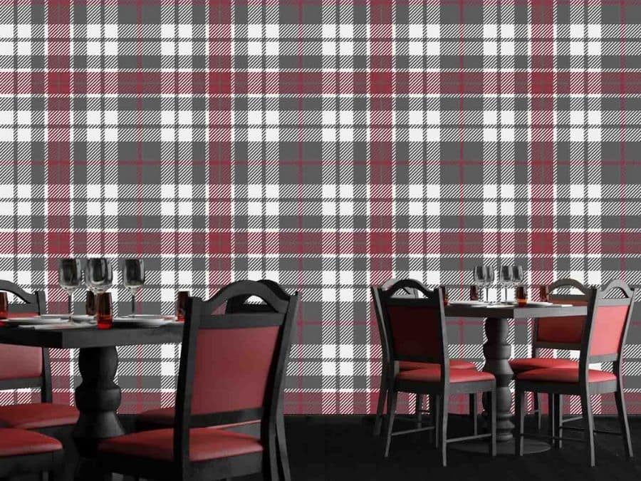 Red and Grey Check Wallpaper, as seen on the wall of this dining room, is a plaid wallpaper with a criss-cross pattern in burgundy, gray and white from About Murals.