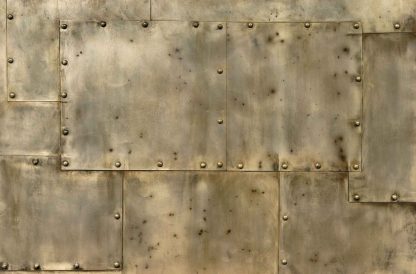 Sheet Metal Wallpaper features antique gold metal panels with rivets from About Murals.