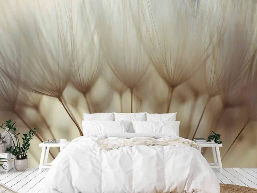 Vintage Dandelion Wallpaper, as seen on the wall of this bedroom, is a photo wallpaper with large, brown dandelion seeds from About Murals.