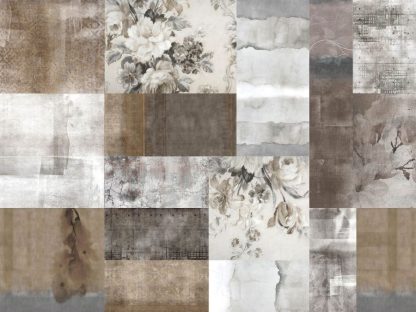 Vintage Patchwork Wallpaper is a flower mural with light brown roses in boxes of barnwood, cement, fabric and geometric pattern textures from About Murals.