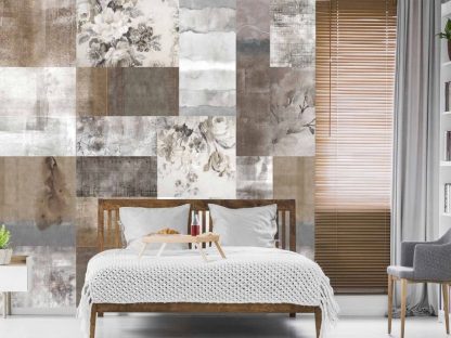 Vintage Patchwork Wallpaper, as seen on the wall of this bedroom, is a floral mural with beige roses in geometric boxes of wood, concrete, fabric, trellis and damask textures from About Murals.