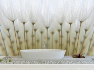 White Dandelion Wallpaper, as seen on the wall of this bathroom, is a photo mural of giant dandelion seeds from About Murals.