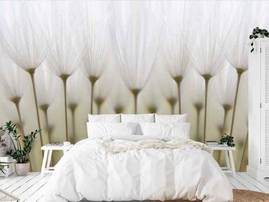 White Dandelion Wallpaper, as seen on the wall of this bedroom, is a photo mural of large dandelion seeds from About Murals.