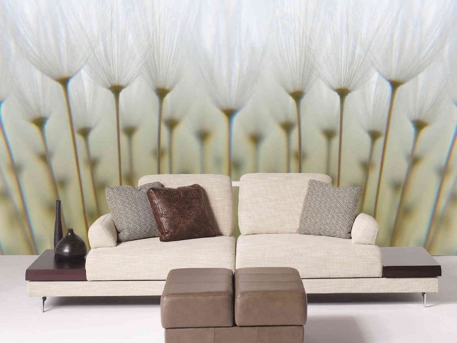 White Dandelion Wallpaper, as seen on the wall of this living room, is a flower mural with large dandelion seeds from About Murals.