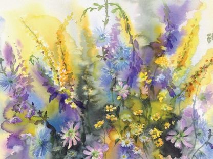 Wildflower Wallpaper is a watercolor floral mural with purple daisies, chicory and yellow buttercup and mullein from About Murals.