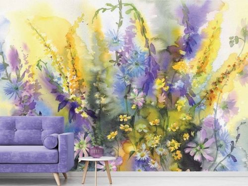Wildflower Wallpaper, as seen on the wall of this living room, is a purple and yellow floral mural with daisies, chicory, buttercup, fleabane, aster and mullein flowers from About Murals.