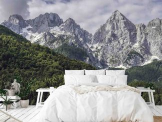 Alp Wallpaper, as seen on the wall of this mountain themed bedroom, is a photo mural of Spik Mountain in the Julian Alps from About Murals.