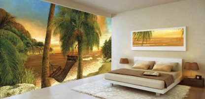 Beach Sunset Wallpaper, as seen on the wall of this orange tropical themed bedroom, is a mural with a setting sun over the ocean and behind palm trees from About Murals.