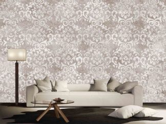 Beige Damask Wallpaper, as seen on the wall of this living room, is a wall mural with a cream and light brown floral damask pattern from About Murals.