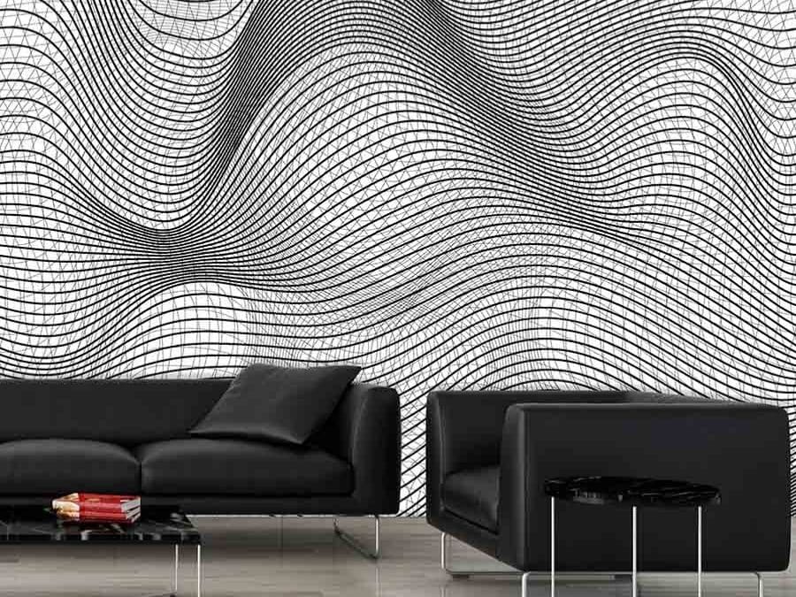Black and White Wave Wallpaper, as seen on the wall of this living room, is a mural with thin black lines in an abstract wave pattern from About Murals.