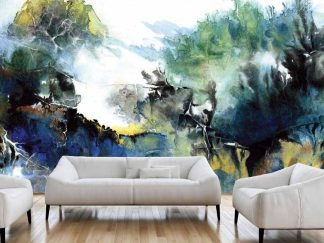 Blue and Yellow Abstract Wallpaper, as seen on the wall of this living room, is a mural of an elegant impression of stormy ocean waves in watercolor from About Murals.