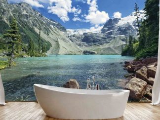British Columbia Wallpaper, as seen on the wall of this mountain themed bathroom, is a photo mural of Joffre Lakes in BC, Canada from About Murals.