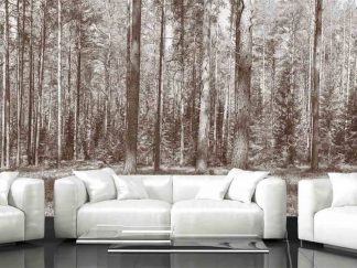 Brown Fir Trees Wallpaper, as seen on the wall of this living room, is a sepia photo mural of fir trees and pine trees in a coniferous forest from About Murals.