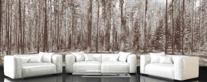 Brown Fir Trees Wallpaper, as seen on the wall of this living room, is a sepia photo mural of fir trees and pine trees in a coniferous forest from About Murals.