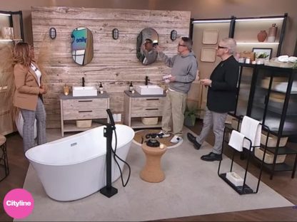 Brown Wood Wallpaper from About Murals as seen on the wall of a rustic bathroom on Cityline's TV set designed by Colin and Justin