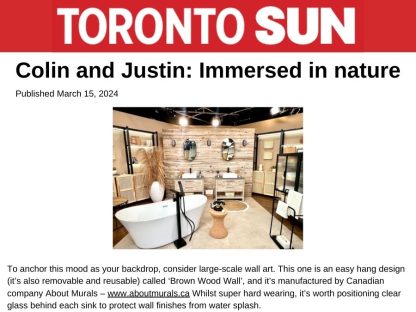 Brown Wood Wallpaper in a rustic bathroom featured in an article written by Colin and Justin in the Toronto Sun titled, "Immersed in nature"