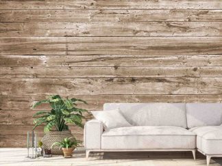 Brown Wood Wallpaper, as seen on the wall of this living room, is a high resolution photo mural of wooden planks full of texture from About Murals.
