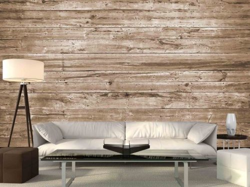 Brown Wood Wallpaper, as seen on the wall of this rustic living room, is a photo mural of horizontal barn wood planks with texture, grain, knots and cracks sold by About Murals.