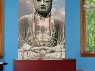 Buddha Meditation Wallpaper, as seen on the wall of this zen bedroom, is a photo mural of a bronze statue at a Buddhist temple called Kotoku-in in Japan, sold by About Murals.
