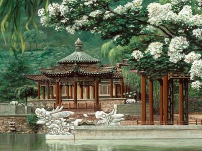 Chinese Temple Wallpaper is a spiritual mural created from a painting of a traditional temple surrounded by cherry blossom trees, maple trees and a serene lake from About Murals.