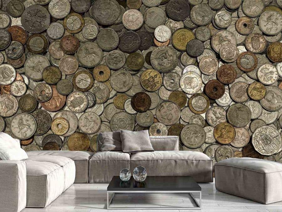 Coin Wallpaper, as seen on the wall of this living room, is a photo mural of coins of the world from About Murals.
