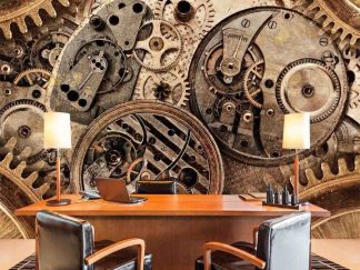 Gear Wallpaper, as seen on the wall of this engineering office, is a mural with gold cogs from About Murals.