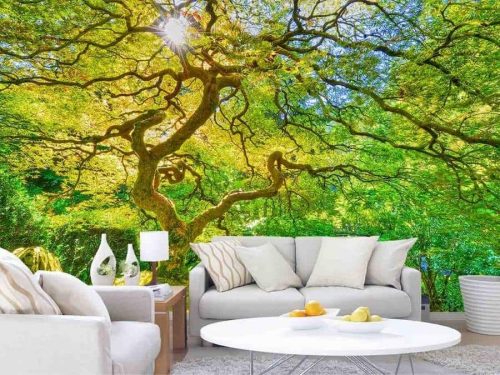 Green Japanese Maple Wallpaper, as seen on the wall of this living room, is a photo mural of a tree overlooking a zen garden and pond from About Murals.