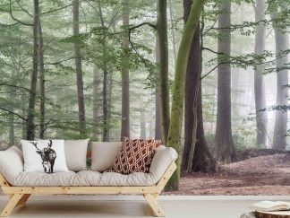 Green Mist Wallpaper, as seen on the wall of this living room, is a photo mural of moss covered trees in a foggy forest from About Murals.